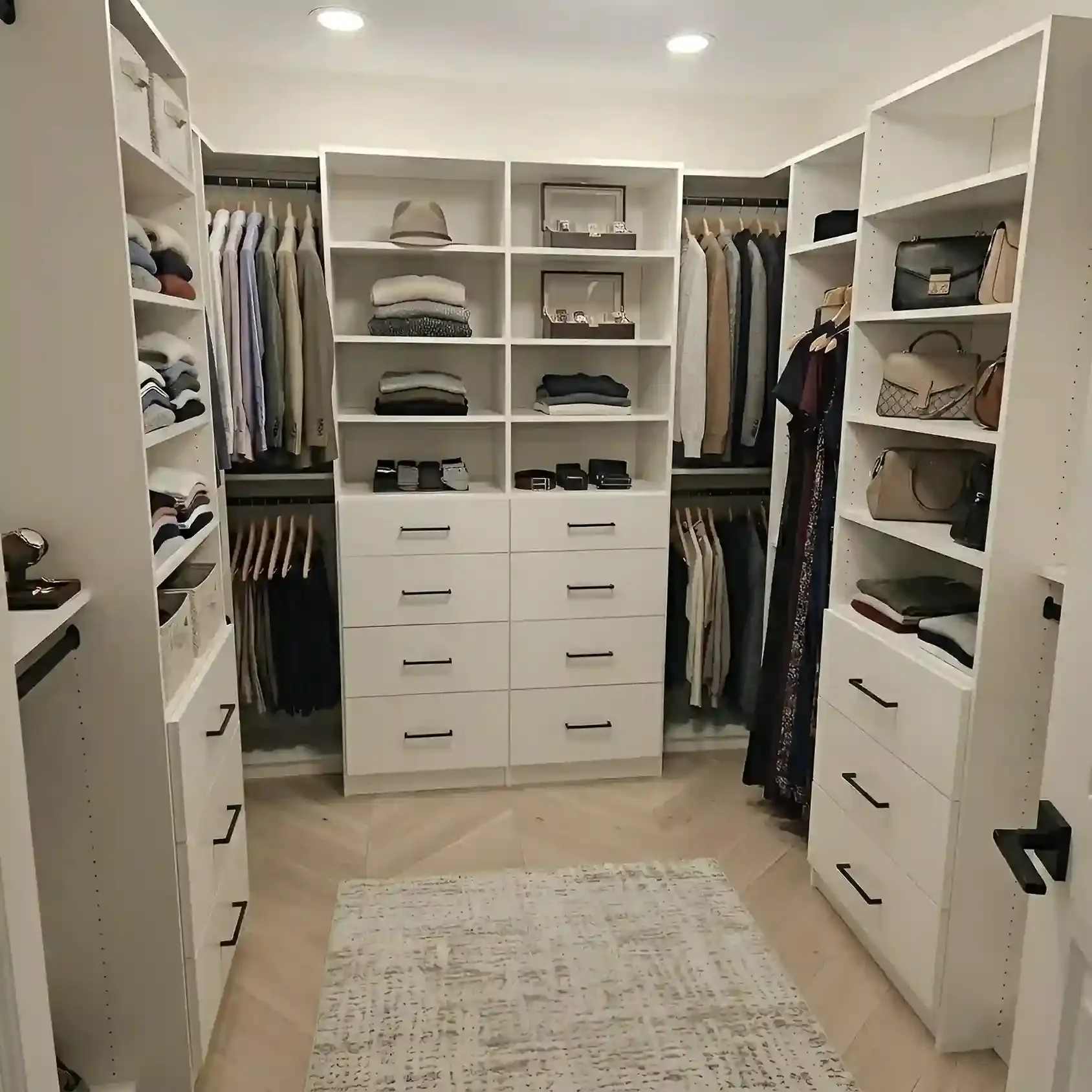 A walk-in closet with white shelving units, drawers, and hanging rods filled with clothes, accessories, and handbags.