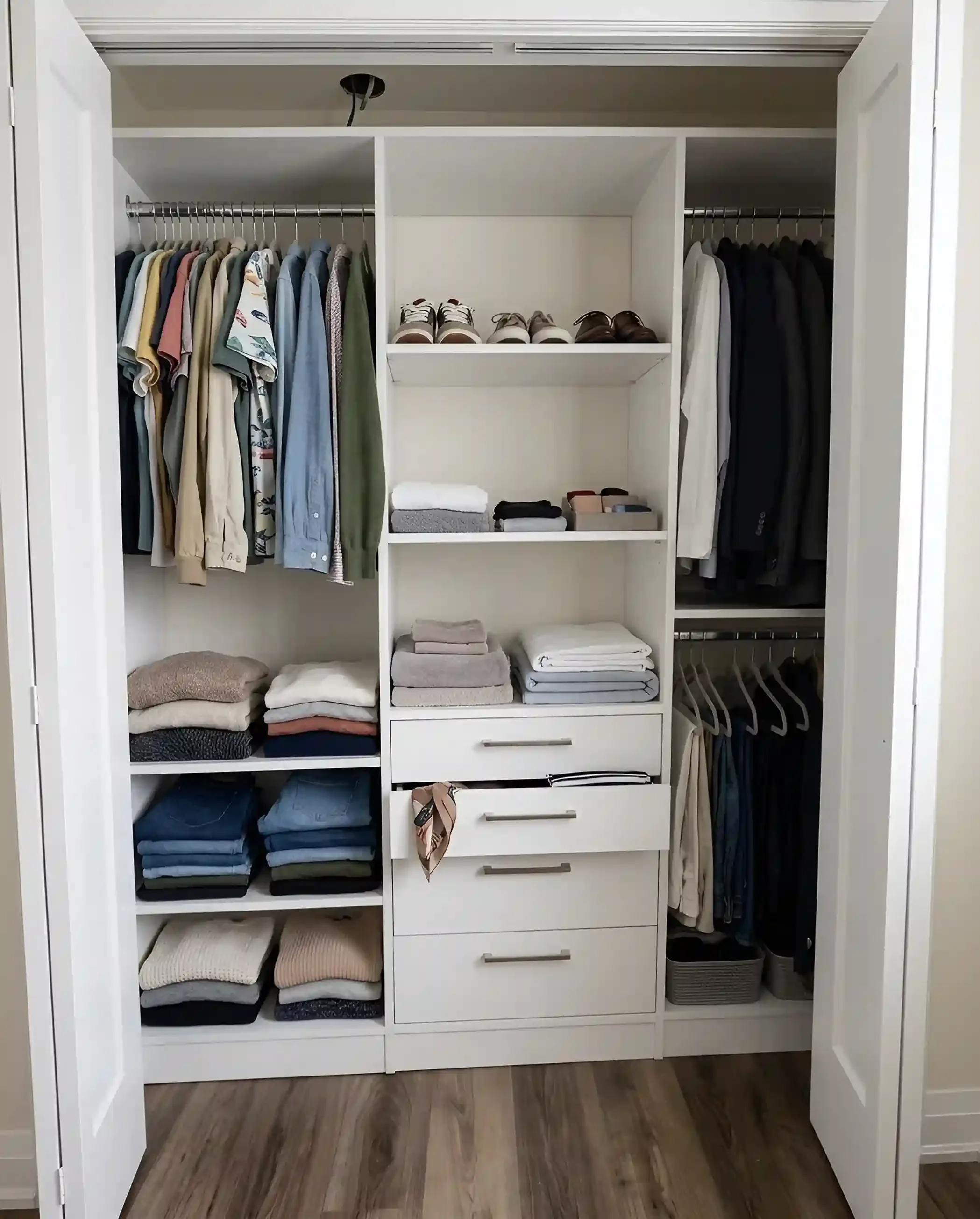 Open white closet with neatly organized clothes, shoes, and towels on shelves.