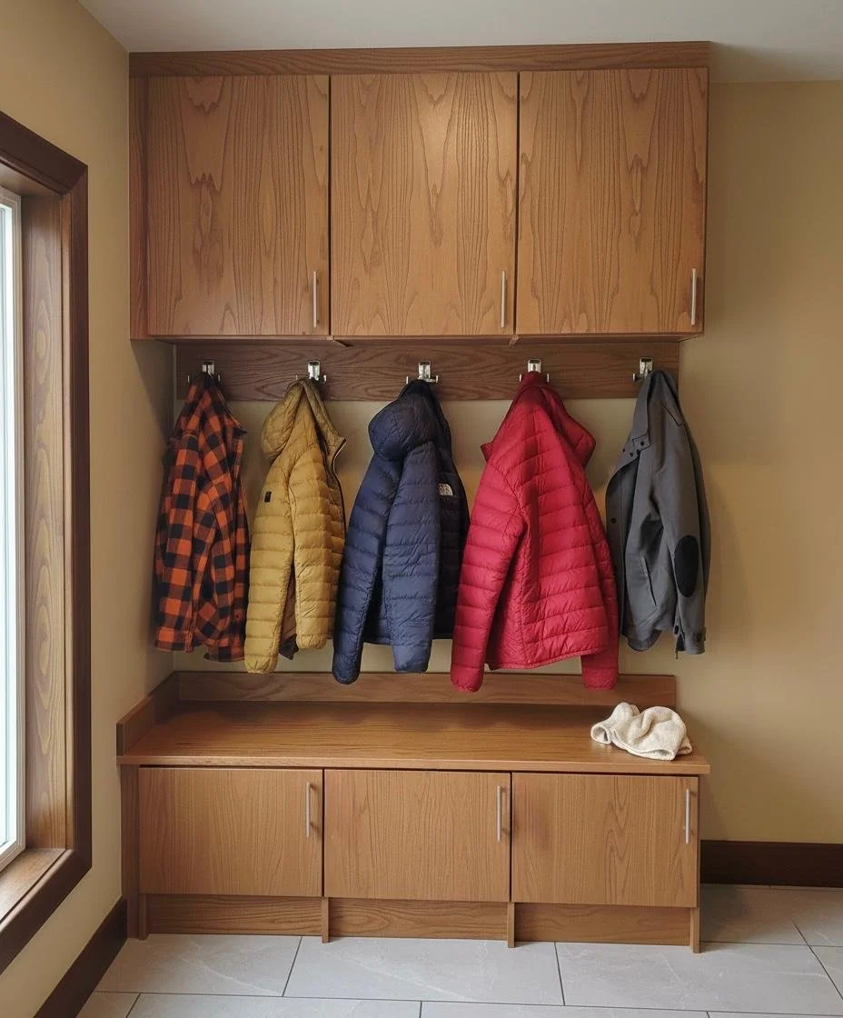 Wooden coat rack with five hooks holding jackets of various colors, including red, black, gray, yellow, and plaid. There is a wooden cabinet with shelves above and below, and a white cloth or hat resting on the bench surface. To the left, part of a window with natural light coming in.