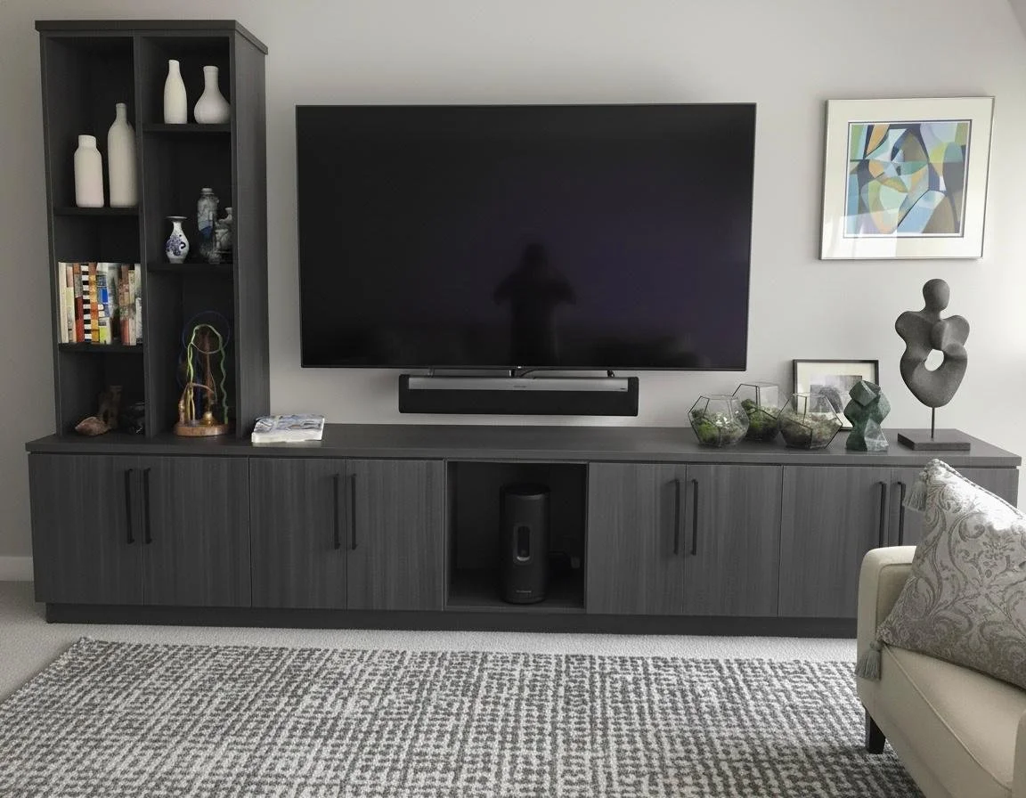 Modern living room with a black entertainment center holding a large flat-screen TV, decorative art, and plants on top; white wall behind and a patterned rug on the floor.