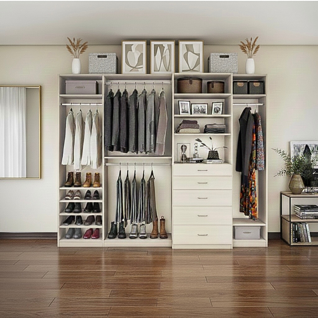 Modern bedroom closet with shelves of shoes, folded clothes, and accessories, decorated with framed art and vases with pampas grass.