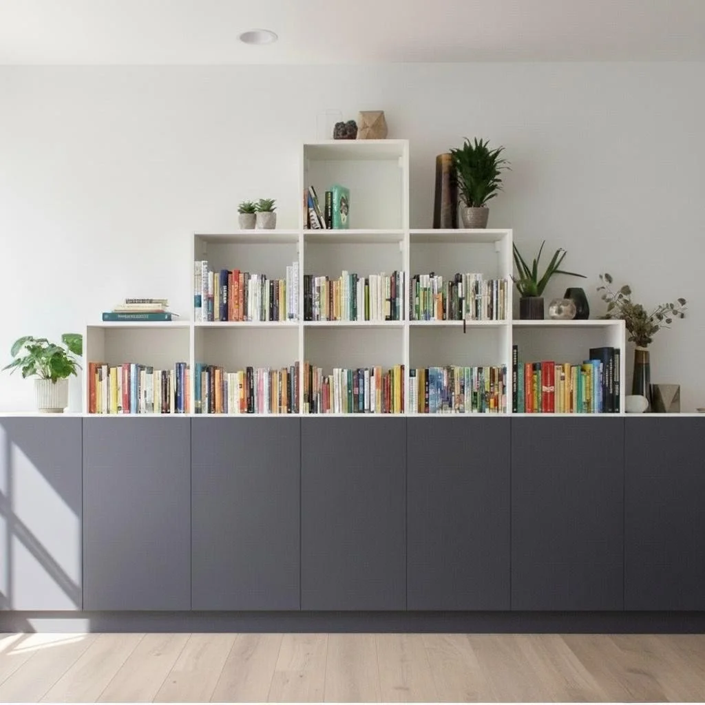 A modern white bookshelf with multiple compartments filled with books and decorated with potted plants, placed against a white wall.