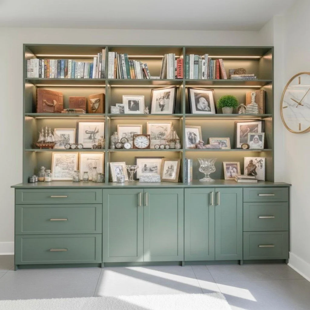 Green built-in bookshelf with shelves decorated with framed photos, small sculptures, clocks, and vases, illuminated by built-in lighting.