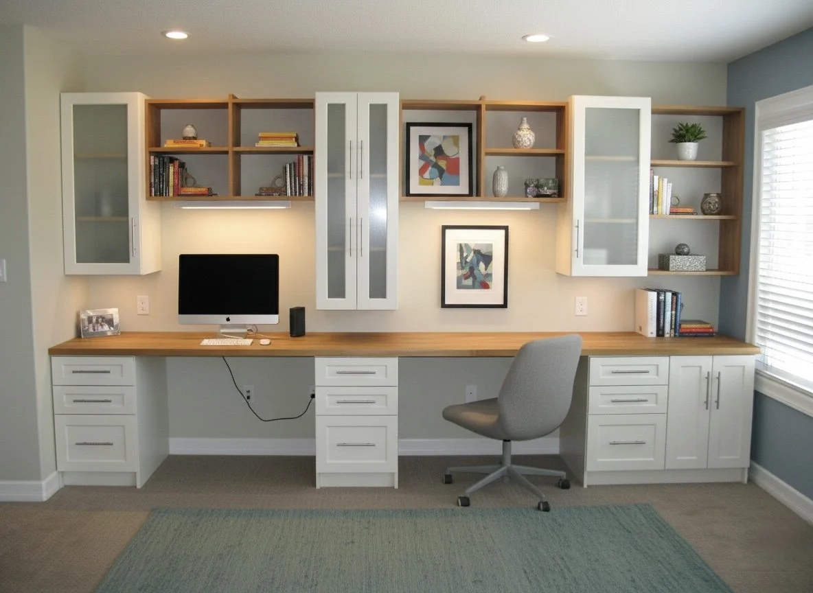 Home office desk with a computer, surrounded by shelves and cabinets, with a gray office chair and window blinds.