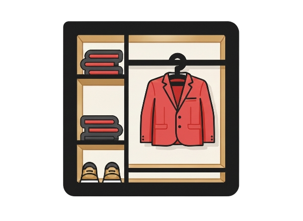 Closet with shelves containing folded clothes, a pair of shoes, and a red blazer hanging on a hanger.