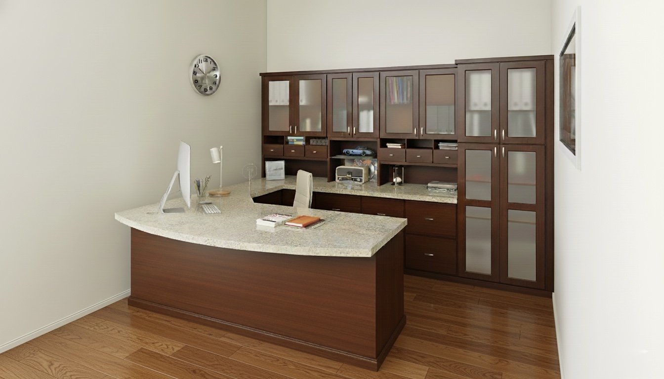 Office reception area with a wooden desk, beige chair, computer monitor, telephone, and a wall clock.