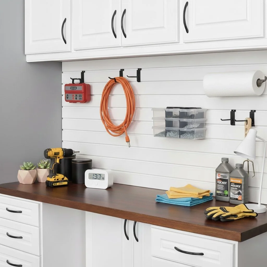 Workshop with white cabinets, a wooden work surface, tools, potted plants, and organizational items.