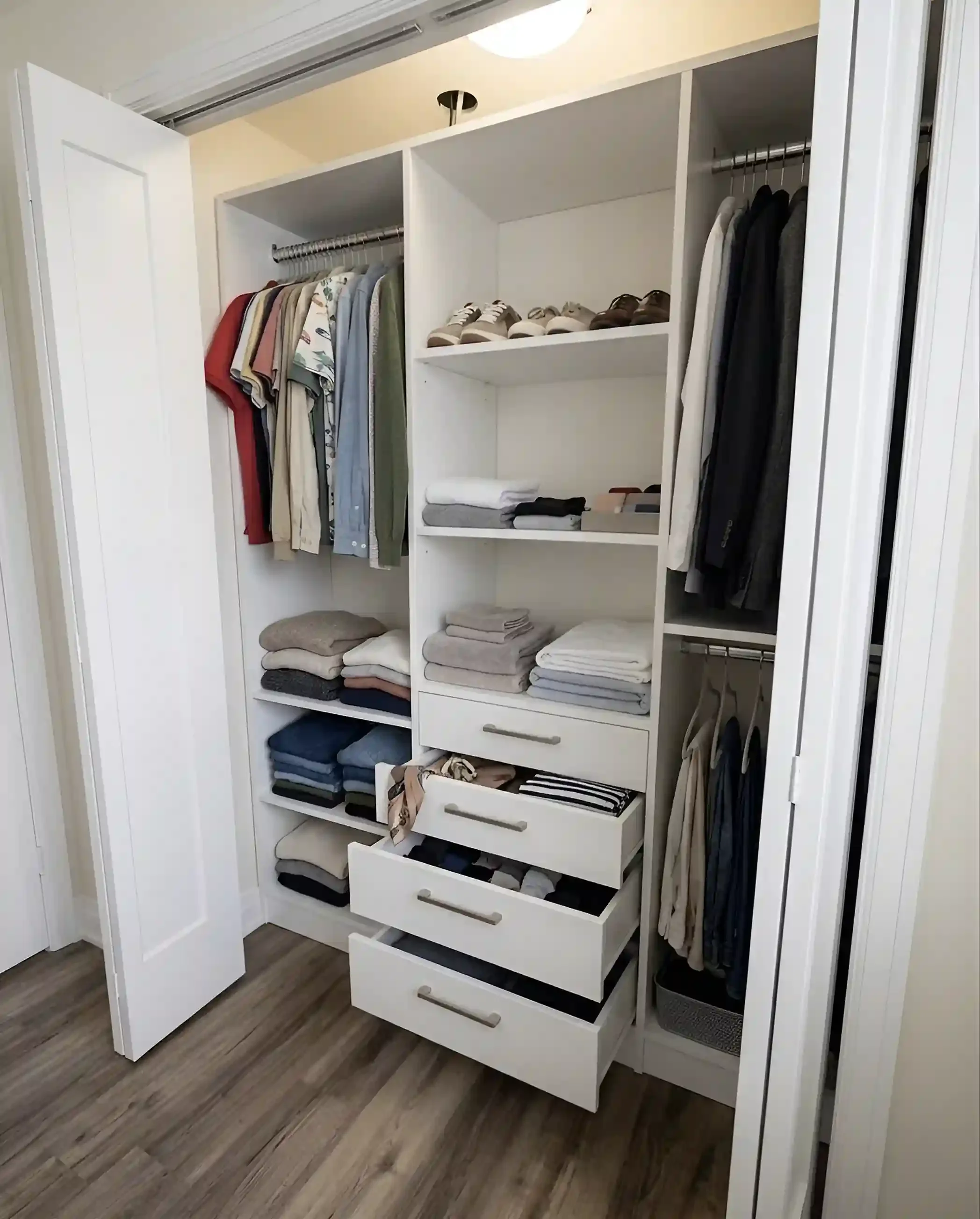 White closet with open doors, containing hanging shirts, folded clothes, shoes, and drawers with organized clothing and accessories.