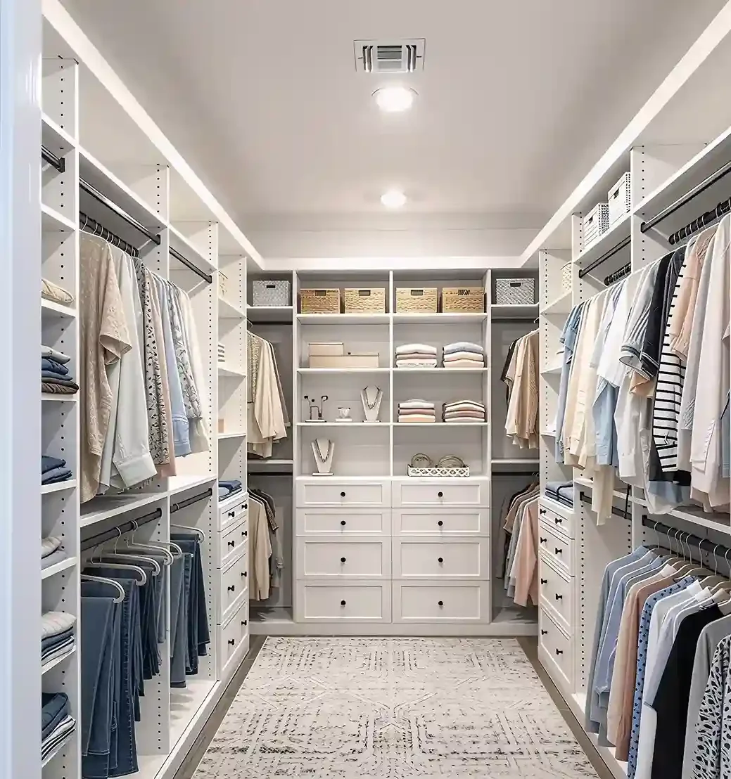 Walk-in closet with white shelving and clothing organized on racks and shelves, a beige rug on the floor, and ceiling lighting.