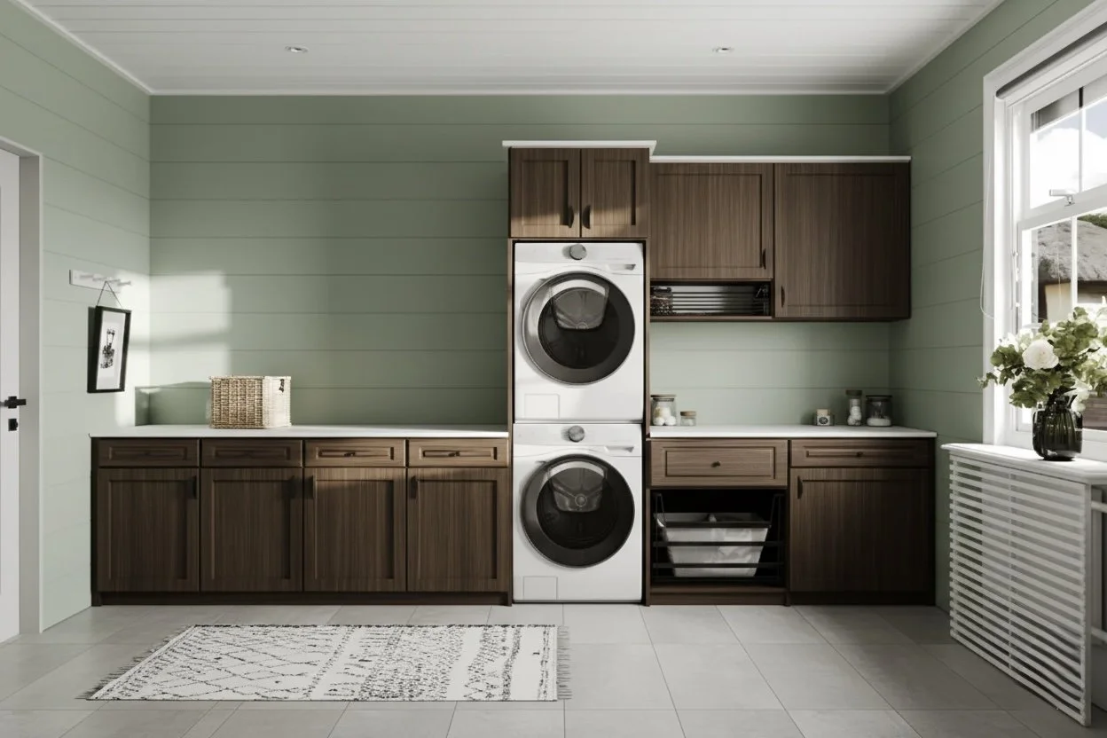 Laundry room with green walls, brown cabinets, a stacked washer and dryer in the center, white countertops, a window with white trim, and a black vase with white flowers on the windowsill.