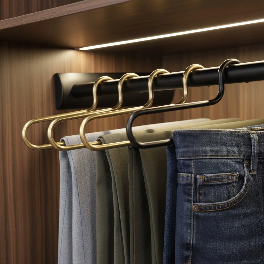 Closet with hanging slacks and jeans on gold and black hangers inside a wooden wardrobe.