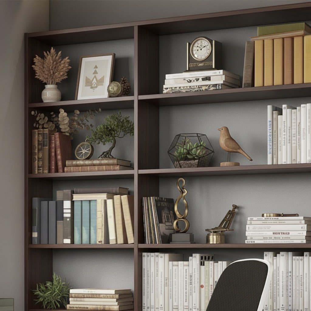 A bookshelf with various decorative items, books, and plants, against a gray wall.