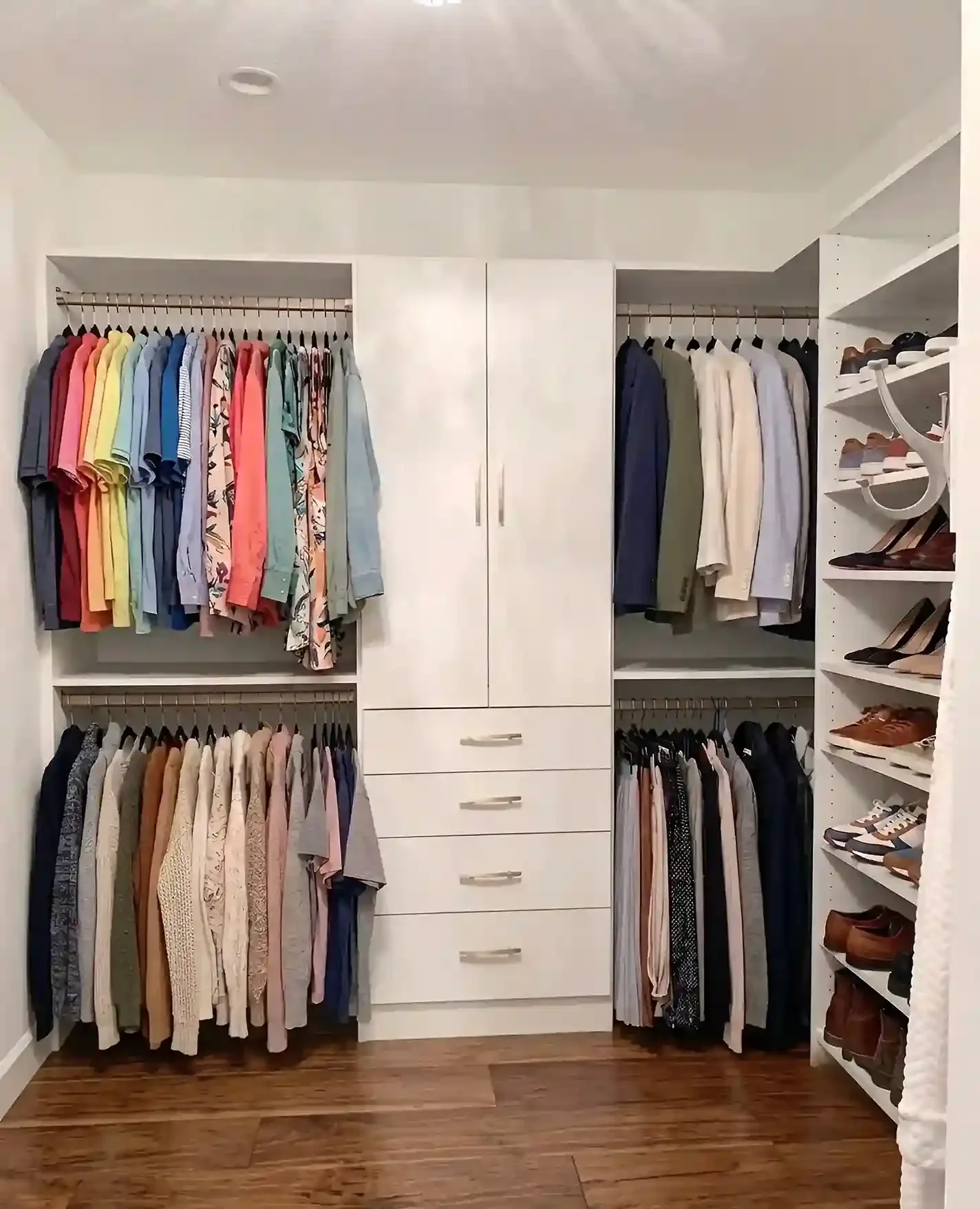 A neatly organized walk-in closet with clothes hanging on rods, including colorful shirts on the left and suits or blouses on the right. There are white drawers and a wardrobe in the center, with shelves on the right side holding shoes and boots on a