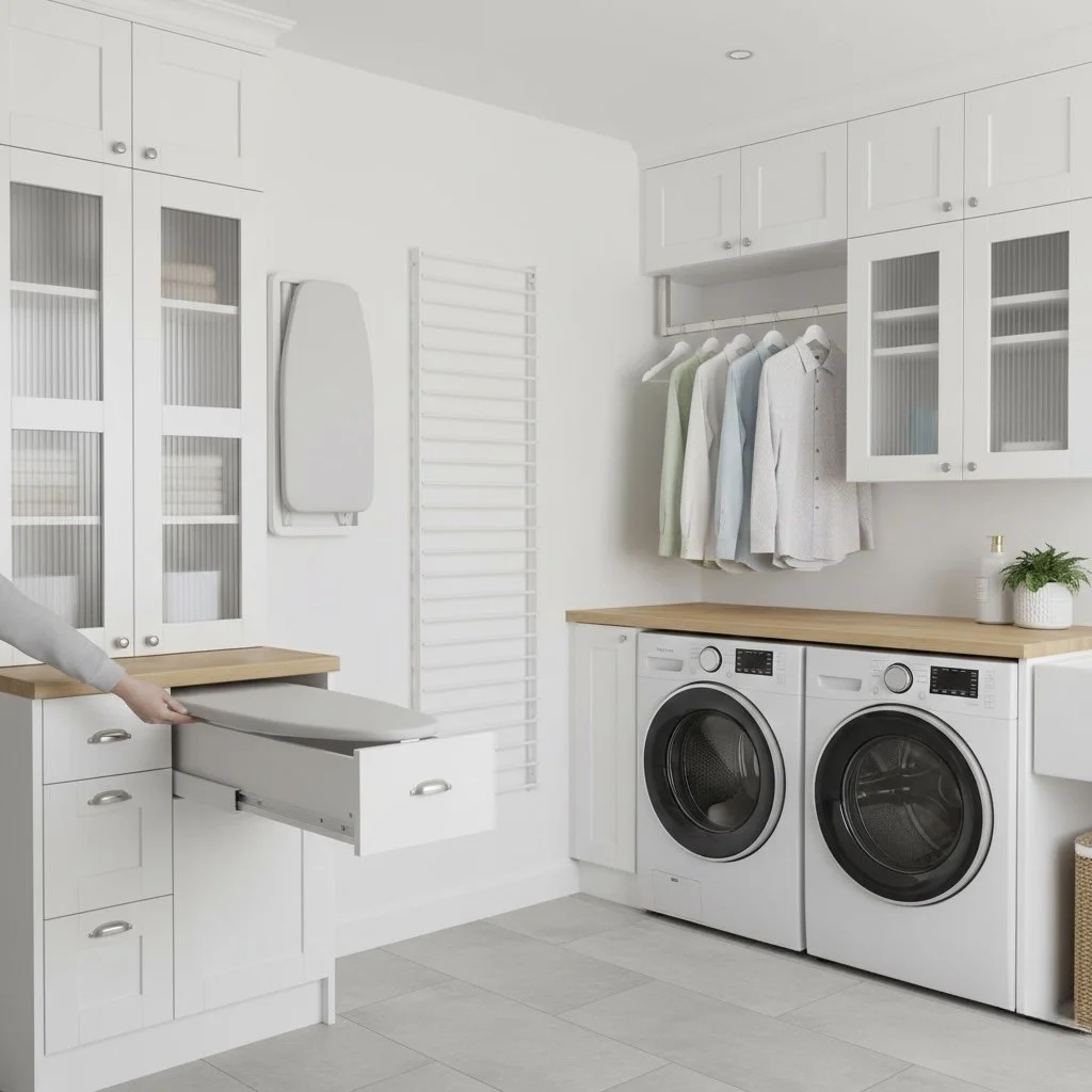 A modern laundry room with white cabinets, a washing machine, a dryer, and a wooden countertop. Clothes are hanging on a rod, and there are plants and bottles on the countertop.