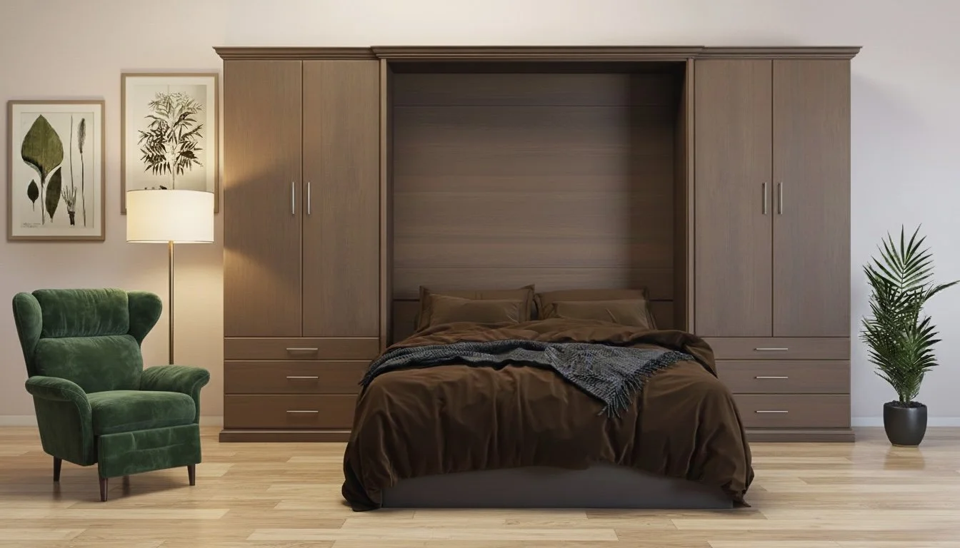 A bedroom featuring a large wooden headboard with built-in cabinets, a bed with brown bedding and pillows, a green armchair, a tall floor lamp, framed botanical art on the wall, and a potted plant on the floor.