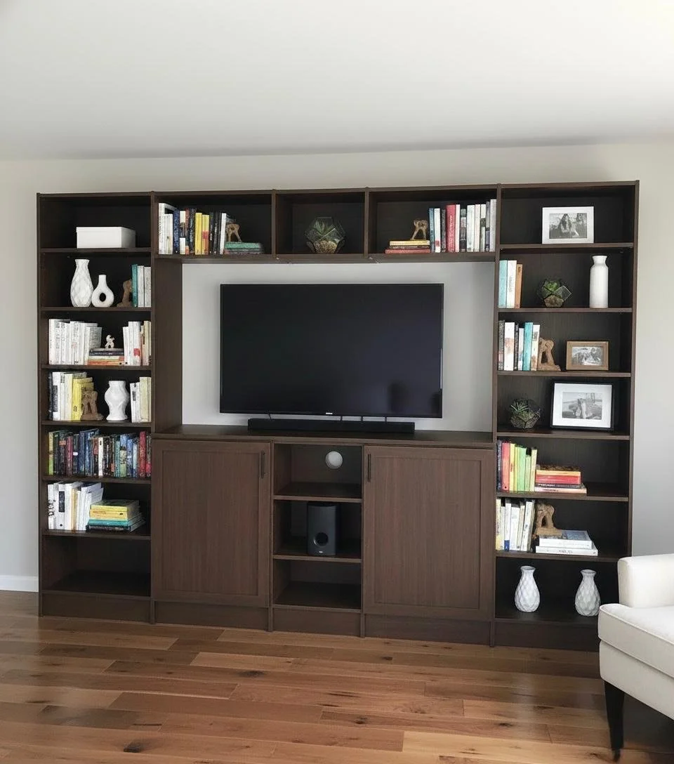 A dark wood entertainment center housing a flat-screen TV, books, framed photos, decorative vases, and small figurines, with a hardwood floor and white wall background.