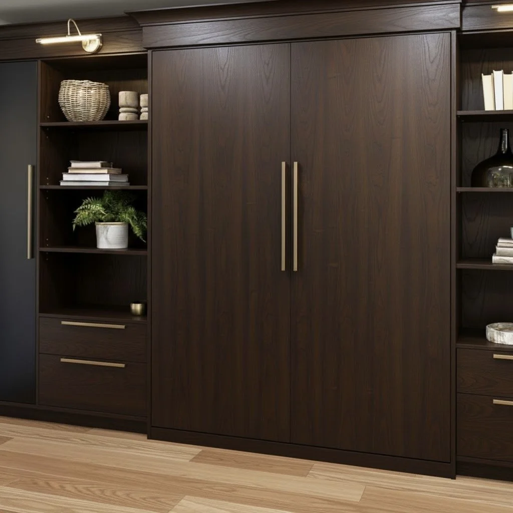 A dark wood cabinet with gold handles, open shelves on either side decorated with books, plants, baskets, and decorative objects, and a dark wall-mounted light fixture above.