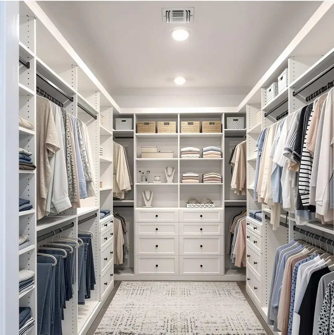 A walk-in closet with white shelving and drawers filled with clothes, baskets, and decorative items.