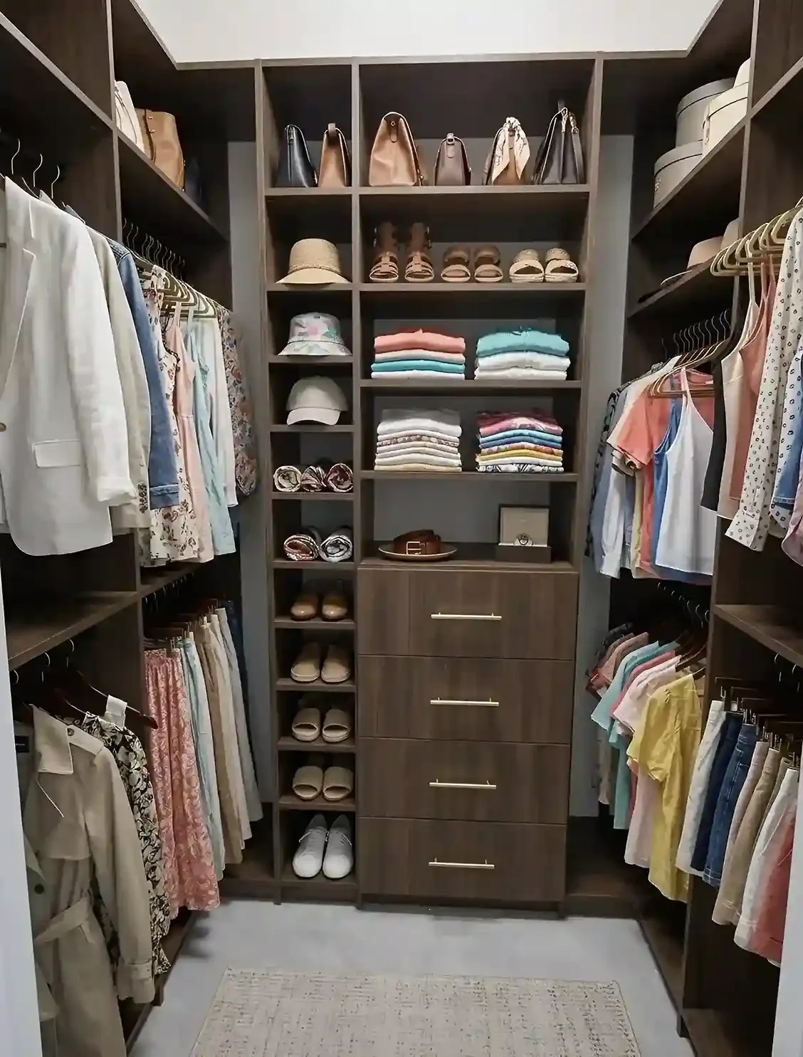 A walk-in closet with hanging clothes on both sides, shelves with folded clothes, shoes, hats, handbags, and small storage boxes.