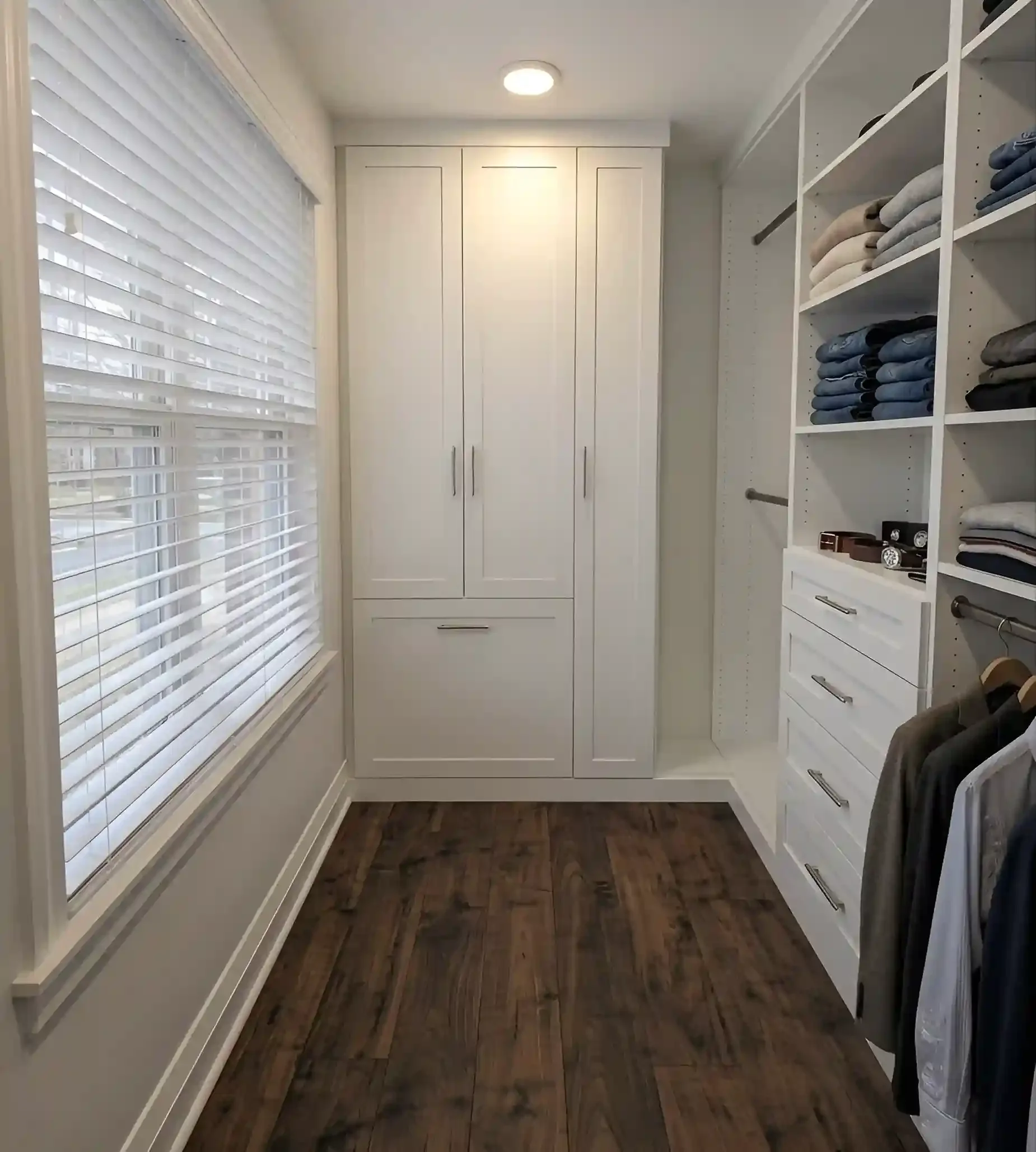 Walk-in closet with built-in white shelves and cabinets, containing folded clothes, belts, bowls, and laundry baskets, near a window with white blinds and a ceiling light.
