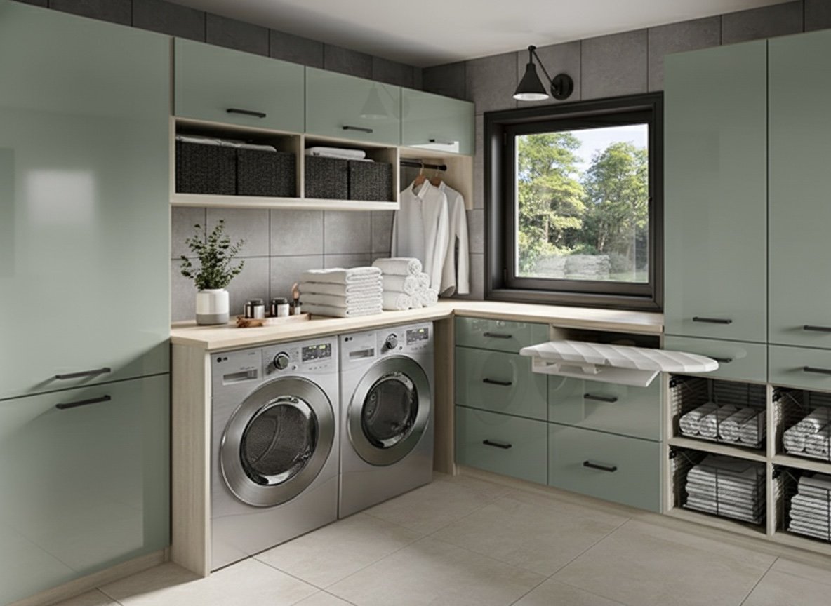 Laundry room with mint green cabinets, a window showing trees outside, a stack of white towels, a potted plant, a hanging white shirt, and a washer and dryer.
