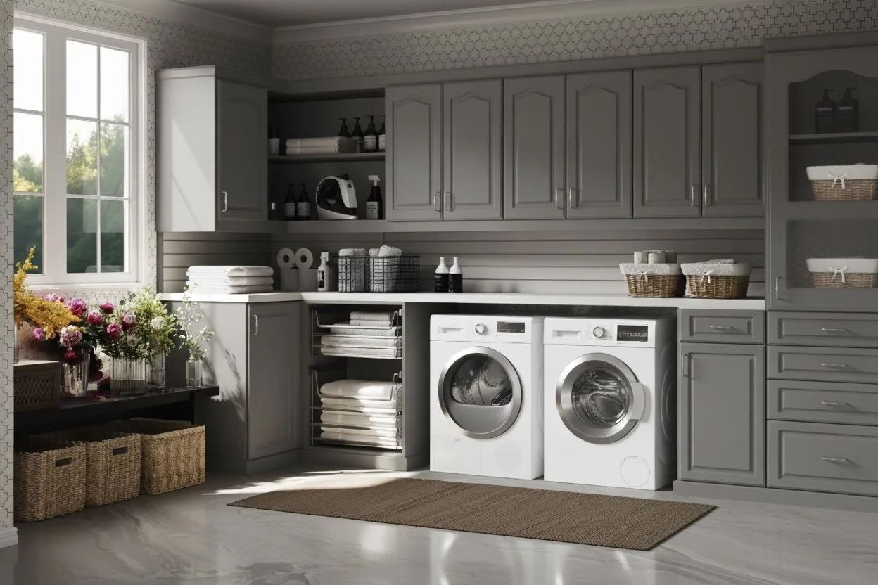 Laundry room with washing machine and dryer, shelves with laundry supplies, window with natural light, and baskets for storage.