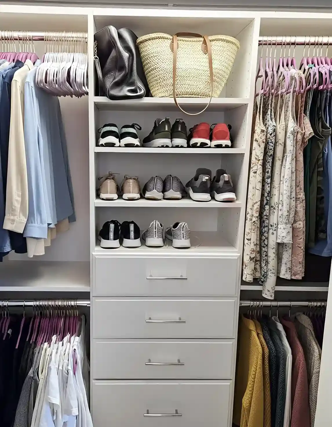 A walk-in closet with shelves of shoes, drawers, and hanging clothes, including blouses and dresses.