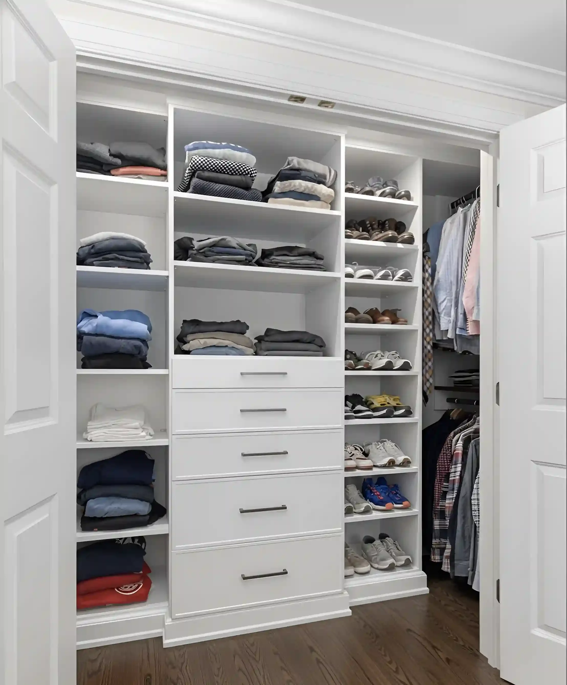 White built-in closet with shelves and drawers, containing folded clothes and shoes, with hanging garments on the right side.