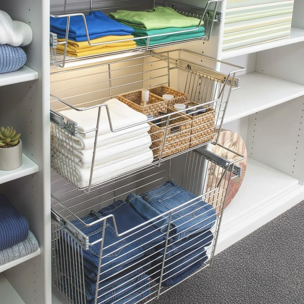 Closet with open wire drawers containing folded towels, clothing, and storage baskets.