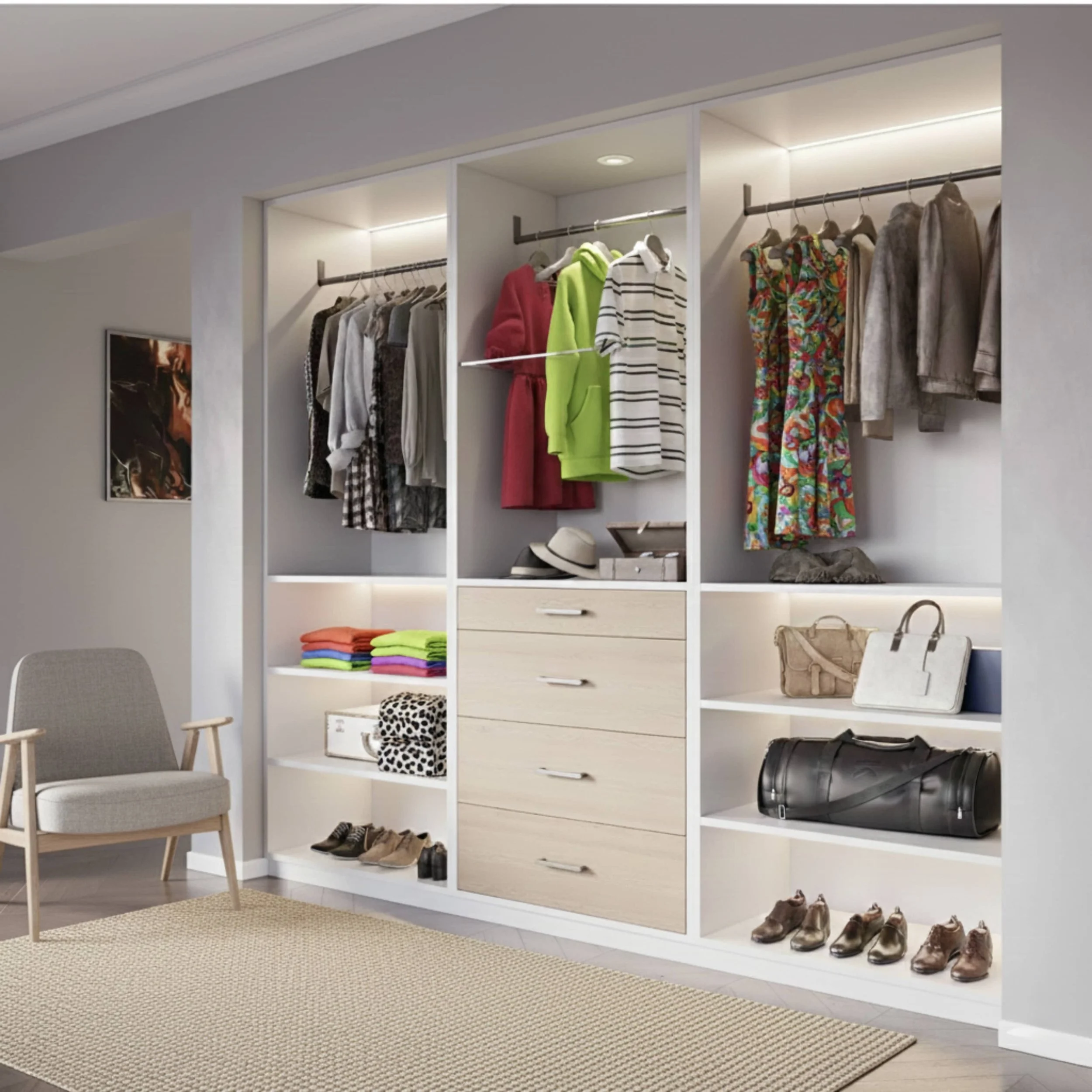 Open closet with hanging clothes, folded towels, handbags, and shoes, next to a gray armchair and a beige rug.