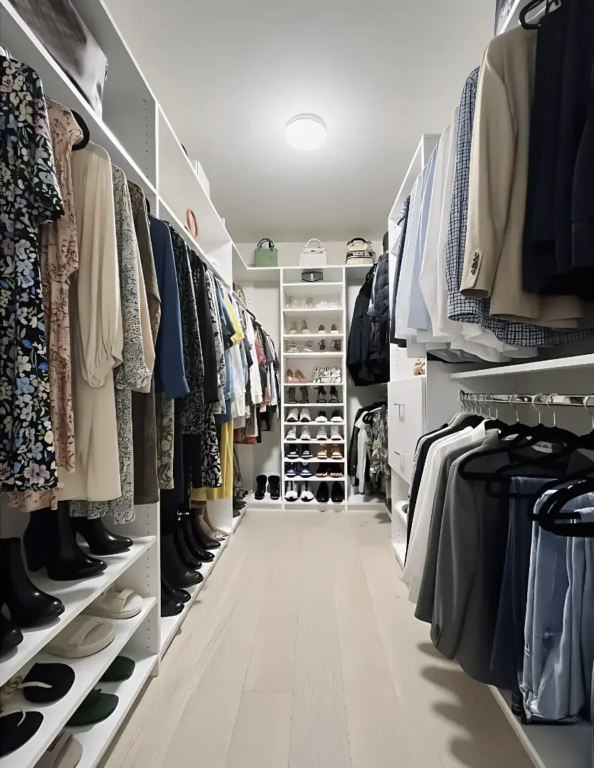 A walk-in closet with shelves of clothing, shoes, and handbags, organized on either side of the room.