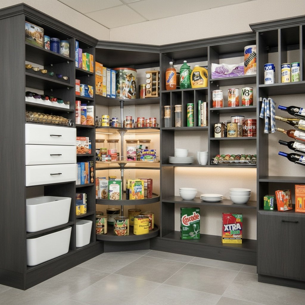 Pantry with gray shelves stocked with food, cans, jars, cereal boxes, condiments, and dishes, with wine bottles on a side rack.