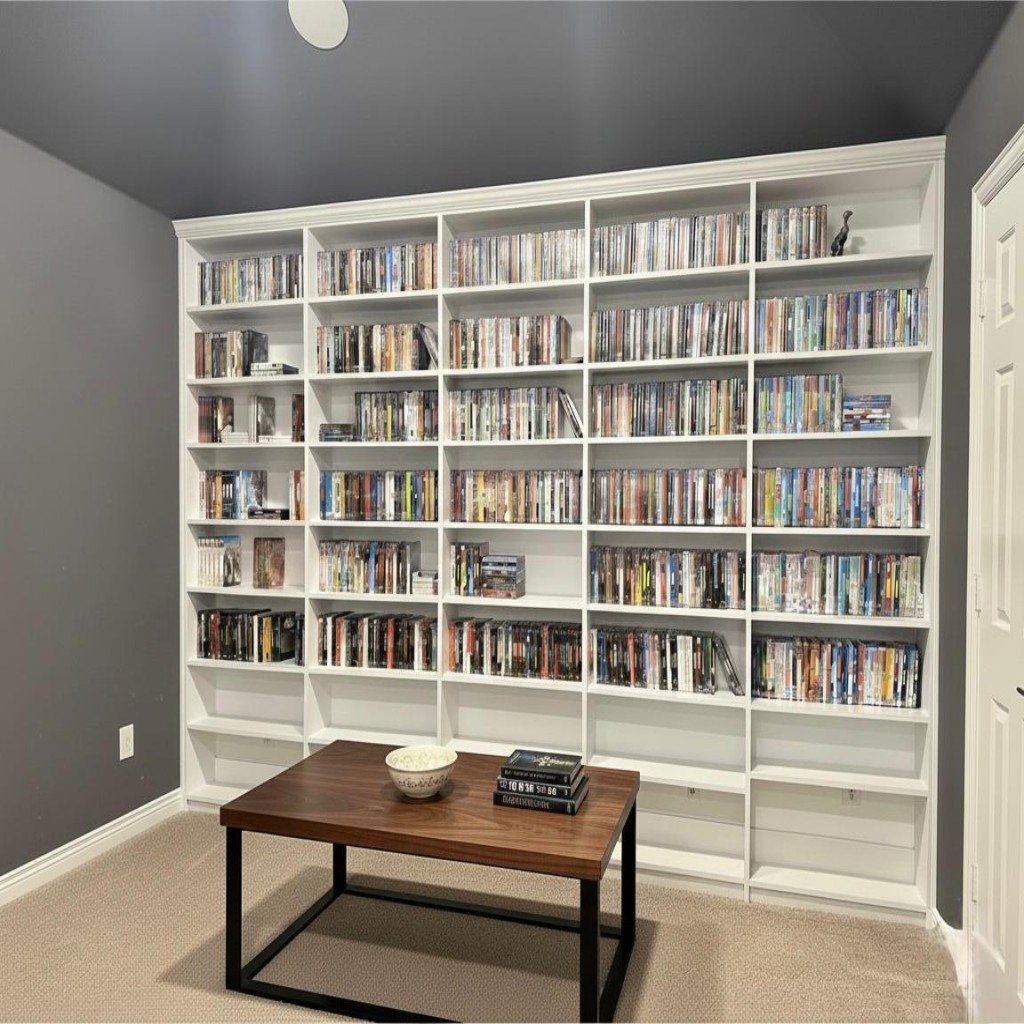 A large white bookshelf filled with DVDs and books, with a small wooden table in front holding a bowl and some stacked books, in a room with dark gray walls and beige carpet.