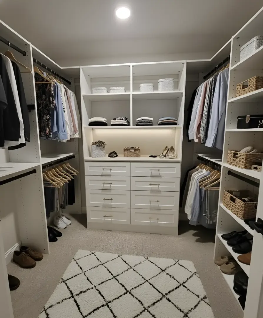 A walk-in closet with white shelving units filled with clothes, shoes, and storage boxes, a white dresser with drawers, and a white rug with a black diamond pattern on a beige carpeted floor.