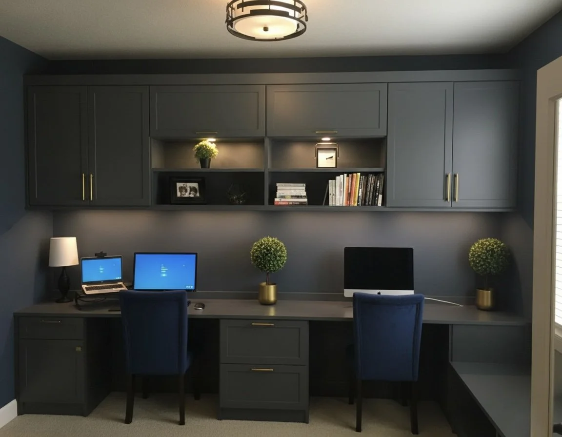 Home office with dark gray wall-mounted cabinets, a long desk with two office chairs, two desktop computers, a small lamp, two decorative plants, shelves with books and pictures, and a window with blinds.