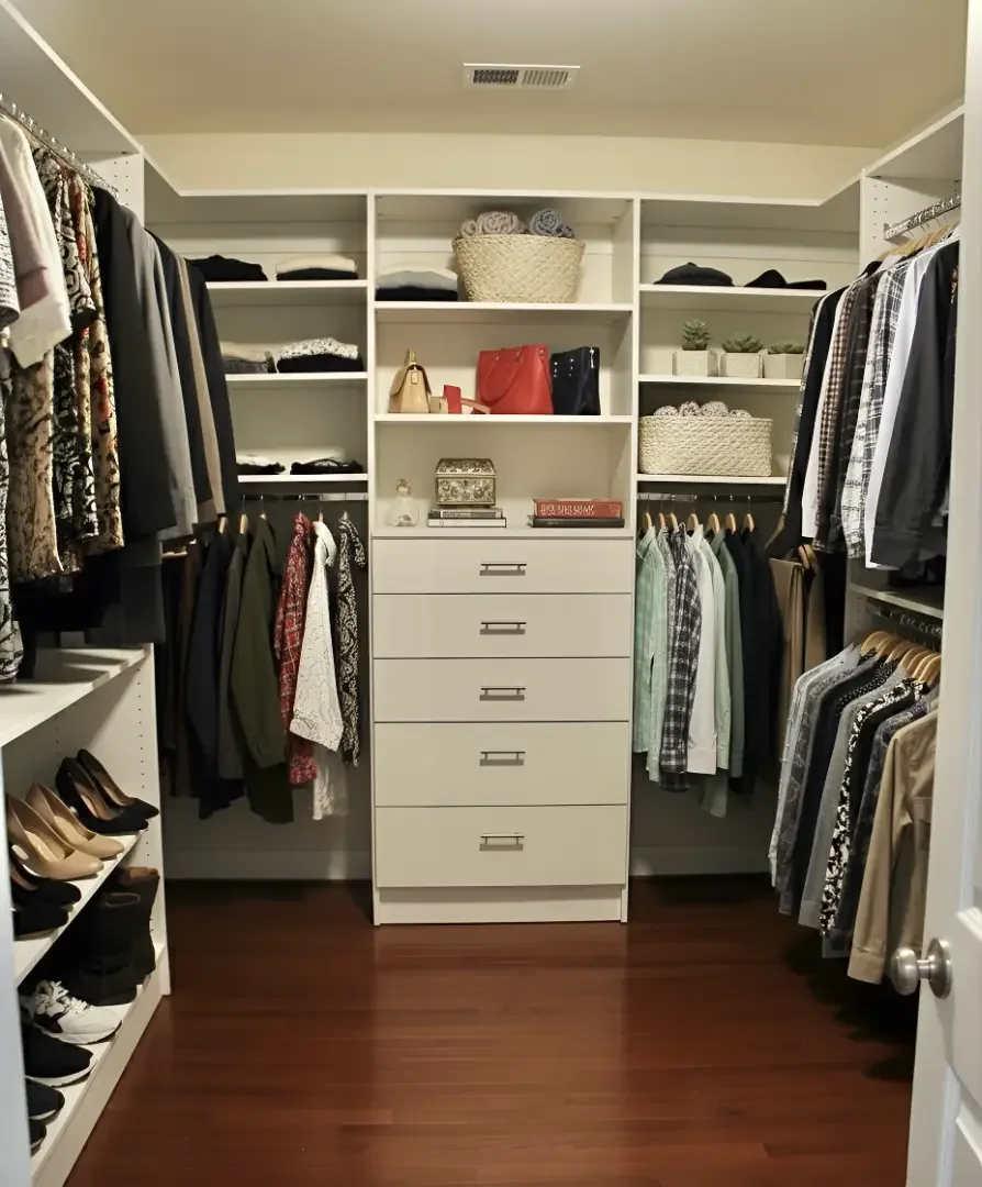 Organized walk-in closet with hanging clothes, shoes, and decorative baskets