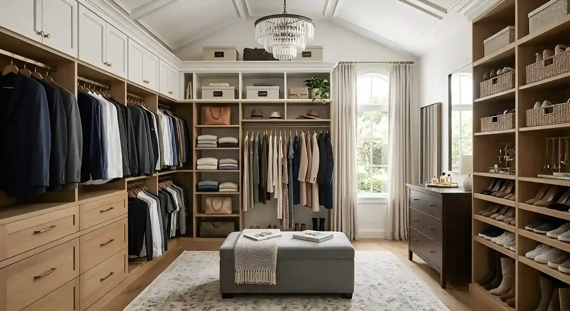 A spacious walk-in closet with built-in shelves filled with folded clothes, shoes stored in cubbies, and hanging garments including suits and jackets. A large window with curtains lets in natural light. A chandelier hangs from the ceiling, and a grey ottoman sits in the center with magazines and a scarf on top.