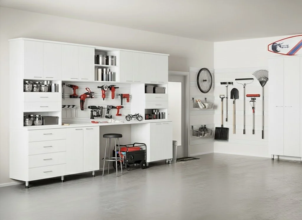 A neatly organized garage with white storage cabinets, power tools hanging on the wall, and various gardening tools.