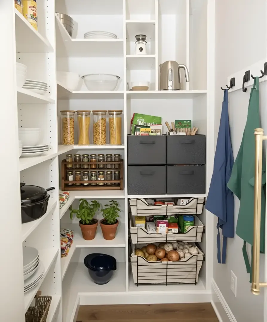 A well-organized pantry with shelves filled with jars of pasta and spices, bowls, a rice cooker, a coffee grinder, and kitchen towels. There are also potted herbs, hanging aprons, and storage baskets with onions and garlic.