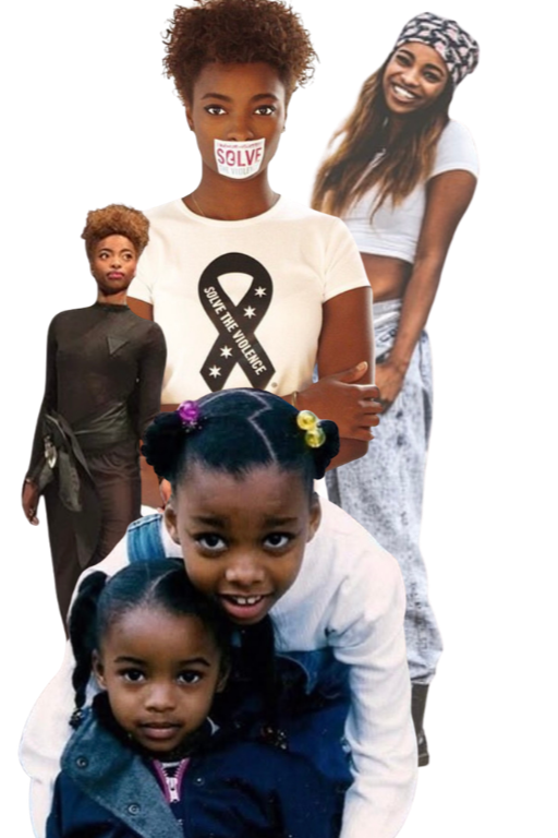 Group of diverse women and children, some smiling and posing, with one woman wearing a face mask that says "SOLVE" and a shirt with a ribbon logo reading "solve the violence".