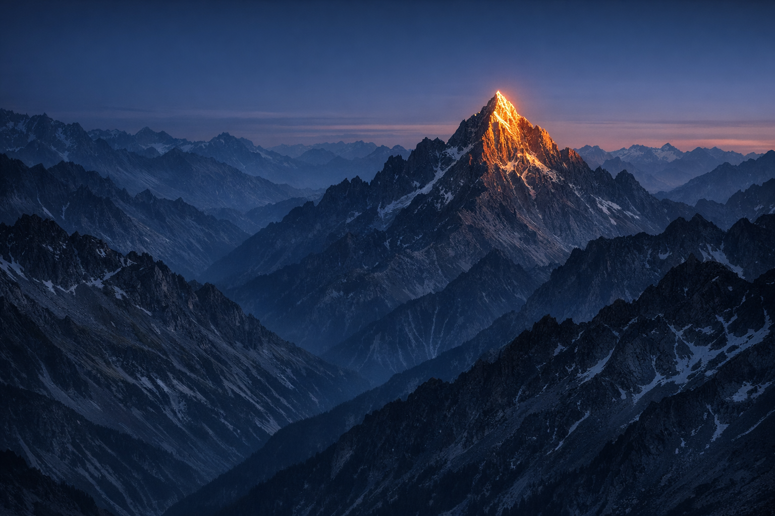 Mountain range at dusk with a snow-capped peak illuminated by the setting sun.