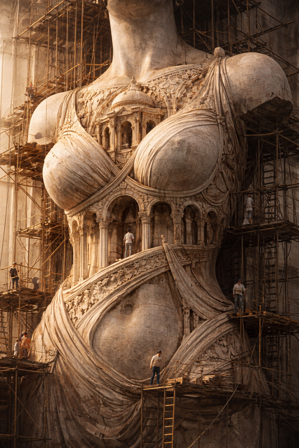 Workers restored a large, detailed marble sculpture of a woman's torso with prominent breasts and intricate architectural and decorative features, surrounded by scaffolding.