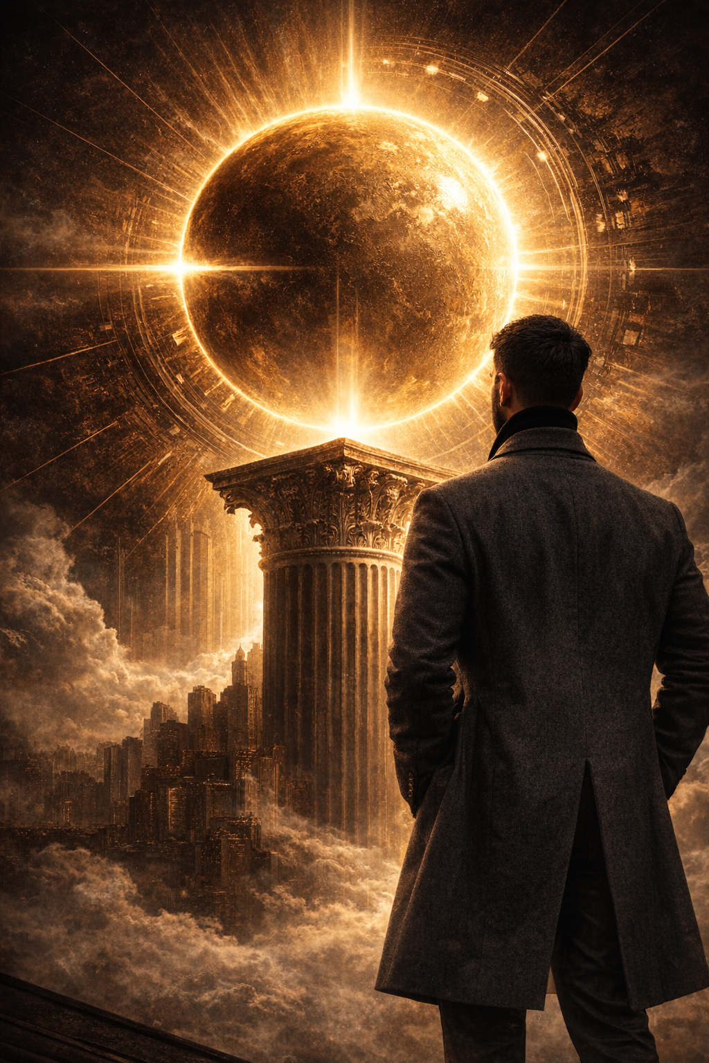 A man in a dark coat stands with his back to the camera, observing a surreal scene of a large glowing celestial body, resembling a sun or planet, in the sky. The celestial body is emitting bright light and surrounded by futuristic circular patterns. In the foreground, there is an ancient architectural column and a cityscape with tall buildings, all under a cloudy, golden-tinted sky.