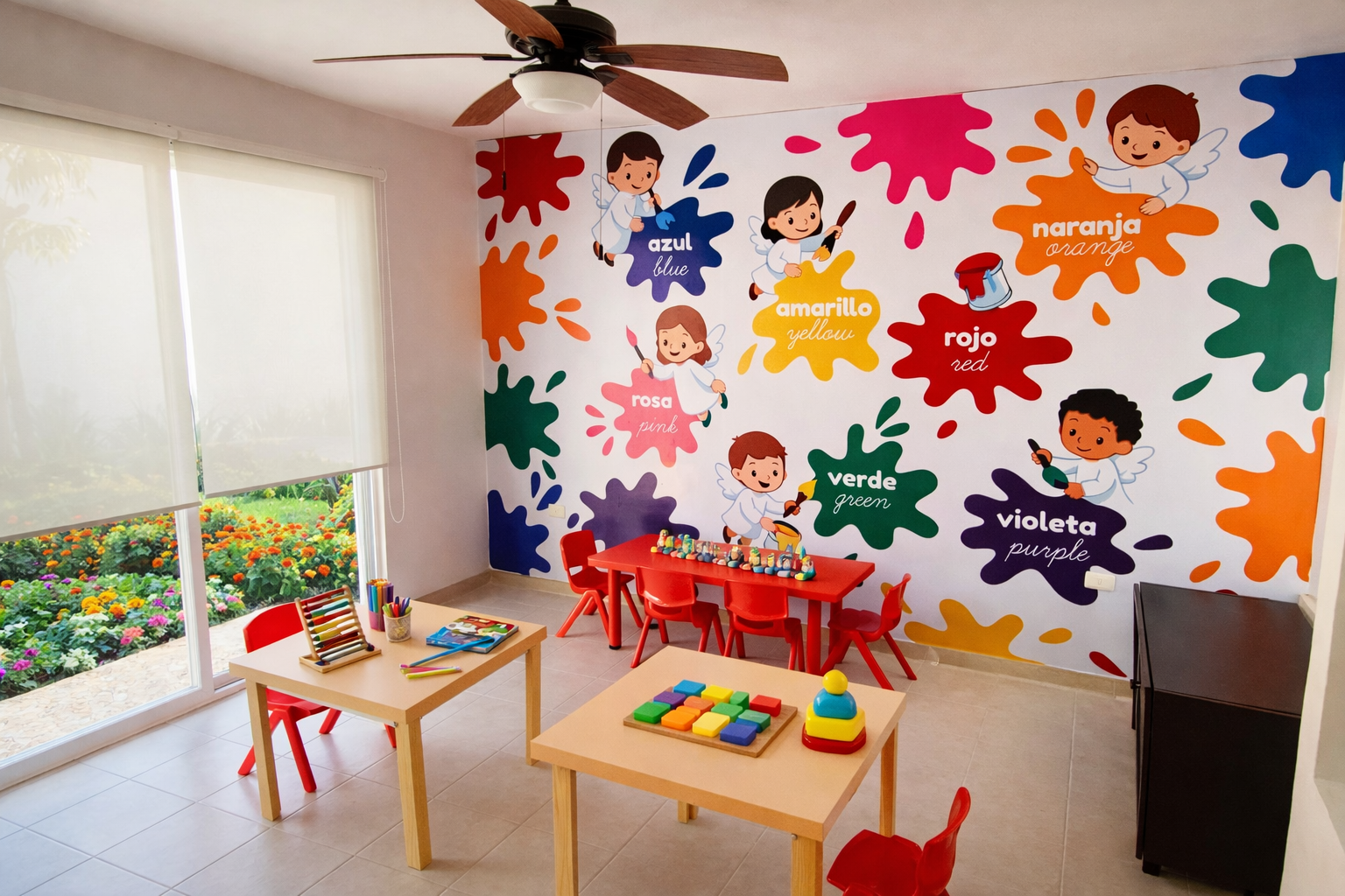 Sala de clases infantil con pared decorada con personajes de ángeles y manchas de colores, y etiquetas de colores en español y inglés, con mesas y sillas rojas y juguetes y materiales de arte sobre las mesas.