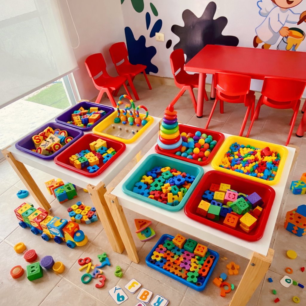 Sala de juegos infantil con mesas y sillas rojas, y bandejas llenas de juguetes de colores como bloques, figuras y letras, en un espacio decorado con pintura y arte mural.