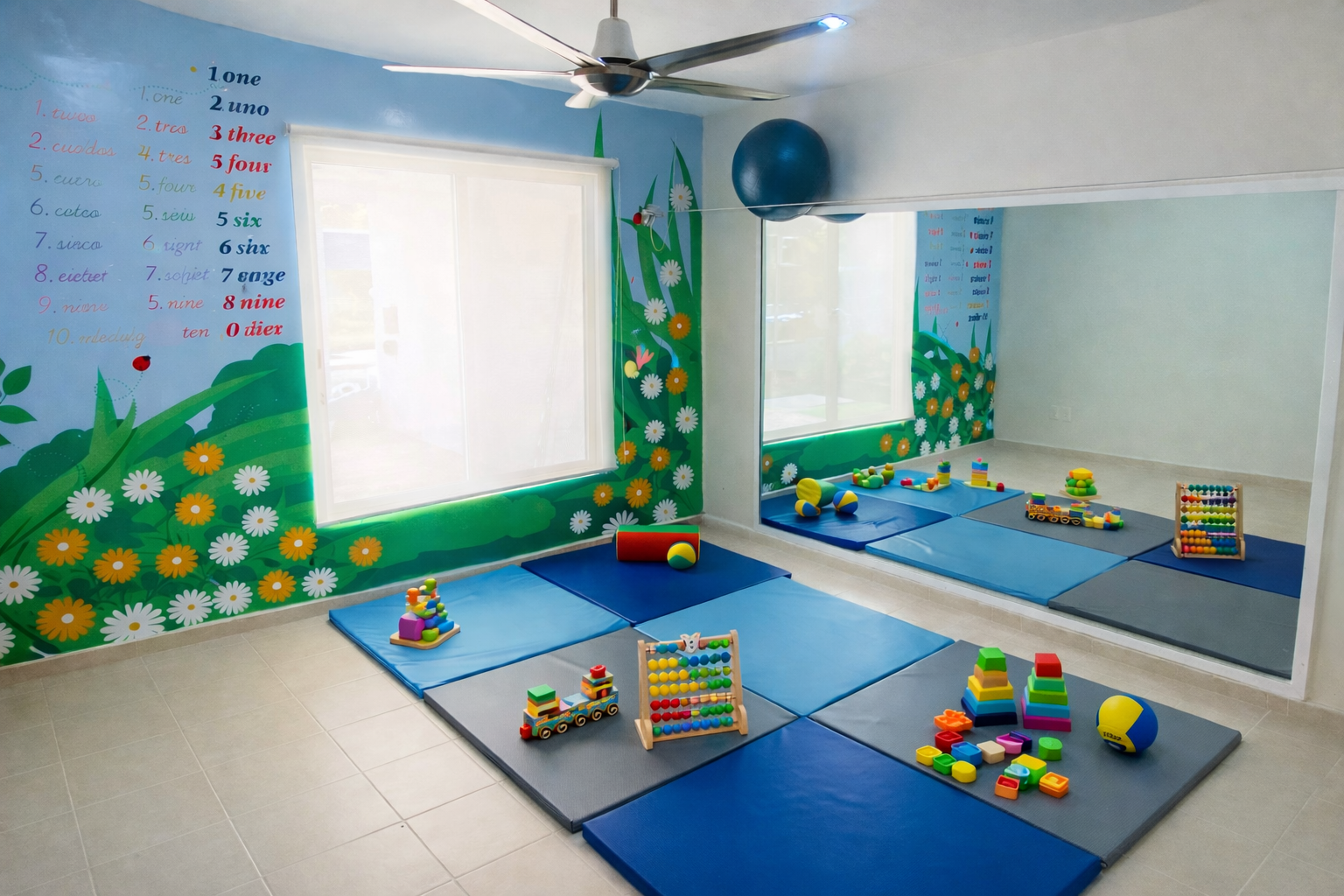 Sala de terapia infantil con colchonetas azules, juguetes de colores, pared decorativa con flores y lista de números en inglés y español.