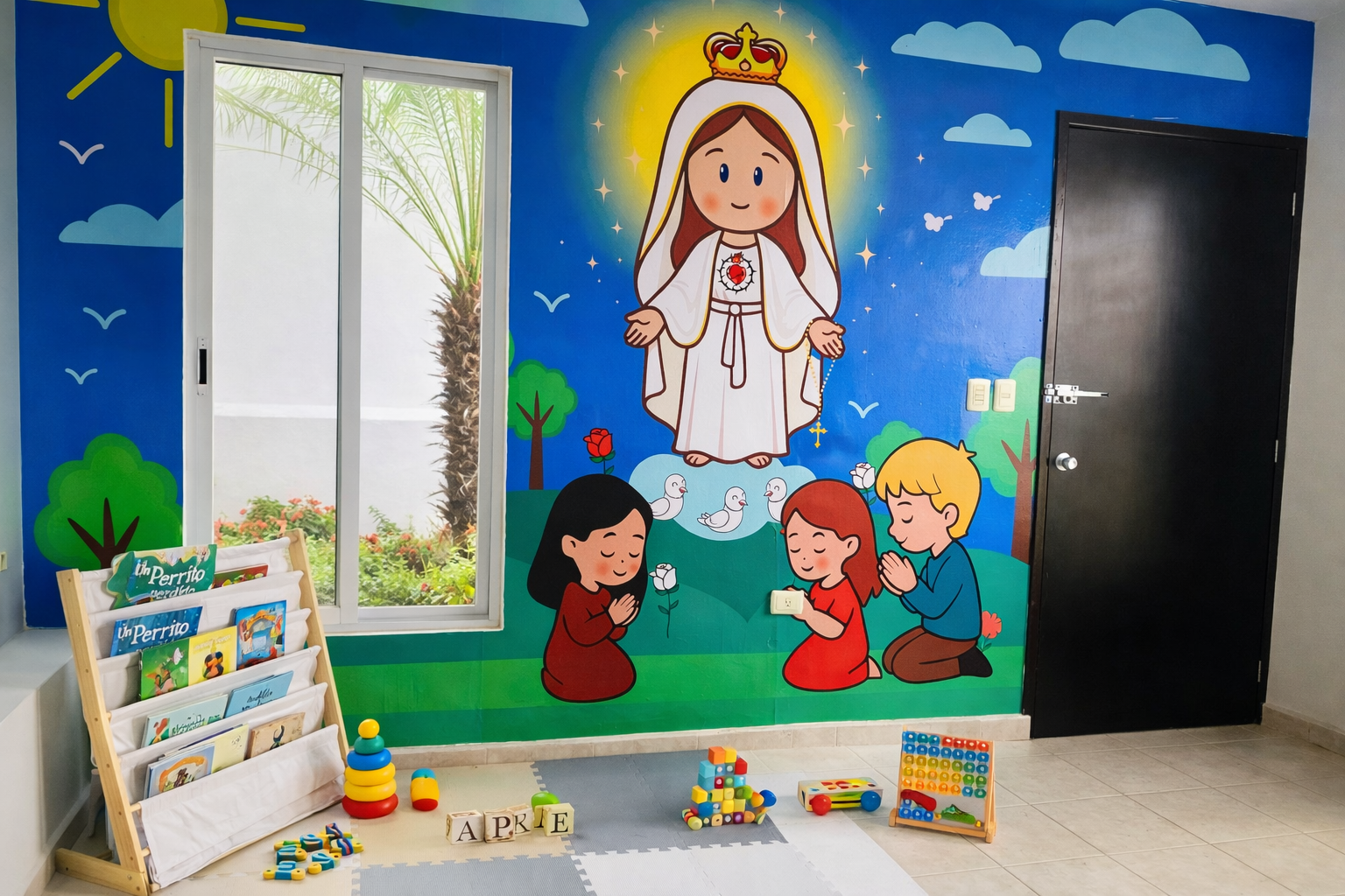 Pared decorada con dibujo religioso de la Virgen María con un título en el libro de la esquina izquierda que dice 'Un Perrito Perdido'. En el centro, niños rezando frente a la Virgen, con juguetes y letras de colores en el suelo.