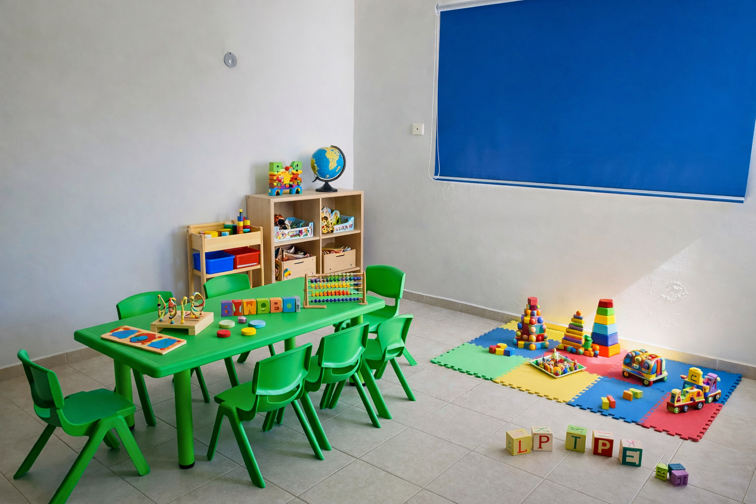 Sala de juegos infantil con mesa verde y sillas, juguetes de bloques y juegos de colores en el suelo, estantería con juguetes y un globo terráqueo, cortina azul en la ventana, paredes blancas y suelo de baldosas.