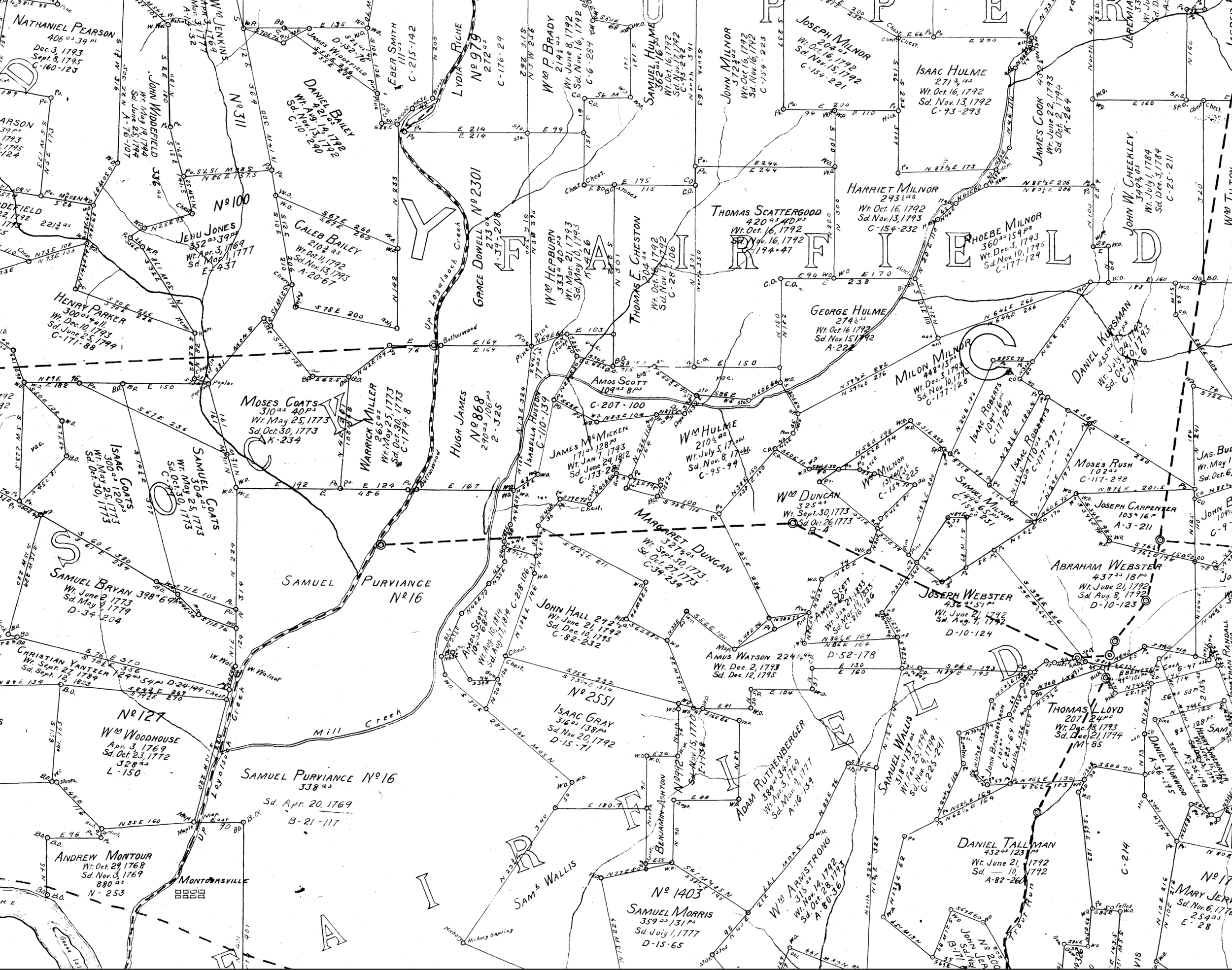 A black-and-white historical land survey map showing property boundaries, owner names, and lots in a rural area, with roads, creeks, and land features.