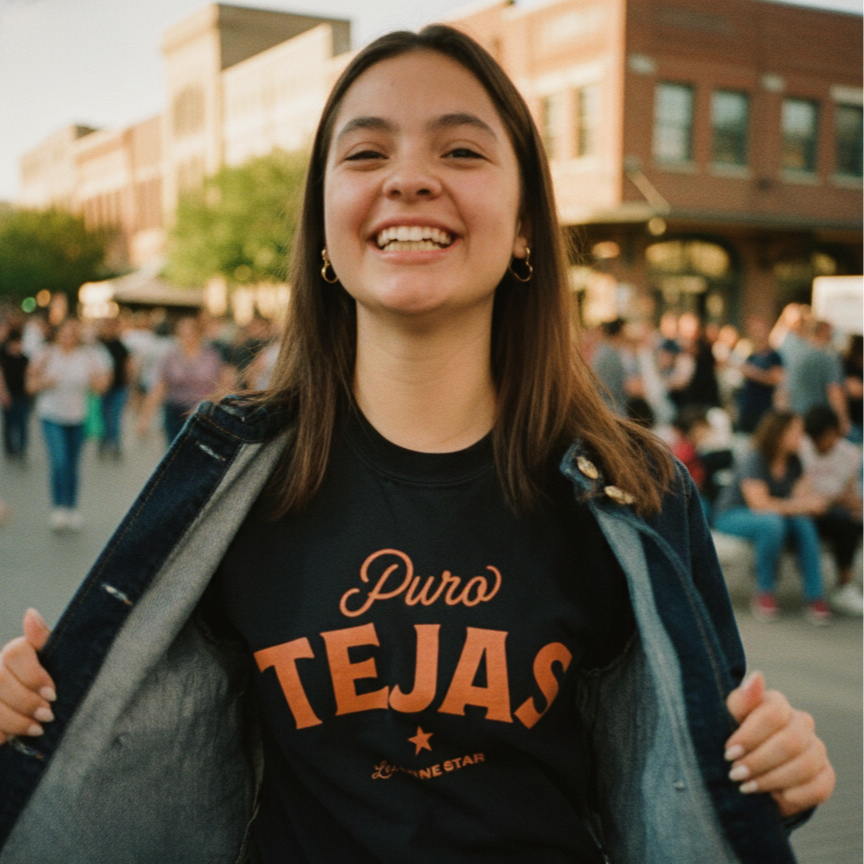 Smiling young woman showing her T-shirt at an outdoor event with people in the background.
